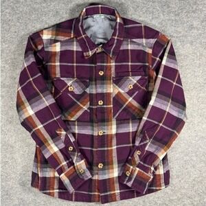 Stio Mens Hutkeeper Flannel Shirt Purple Plaid Organic Cotton Size S Heavyweight